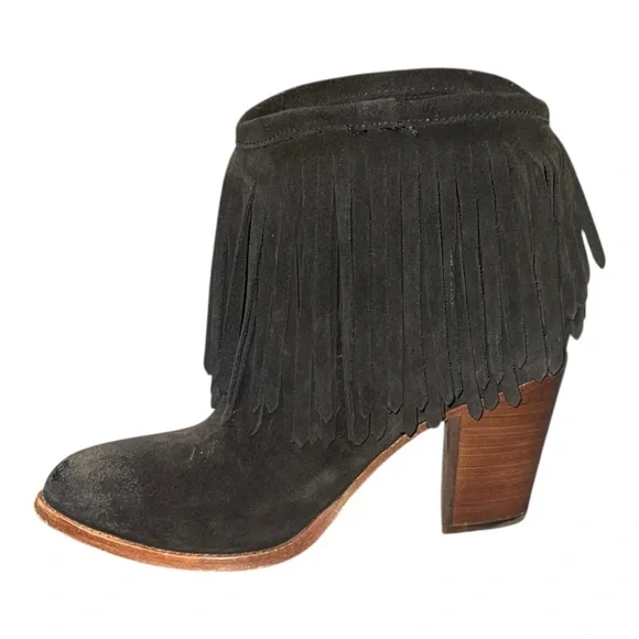 Frye Jenna Fringe Short Black Suede Leather Ankle Booties 7B 3478807-BLK